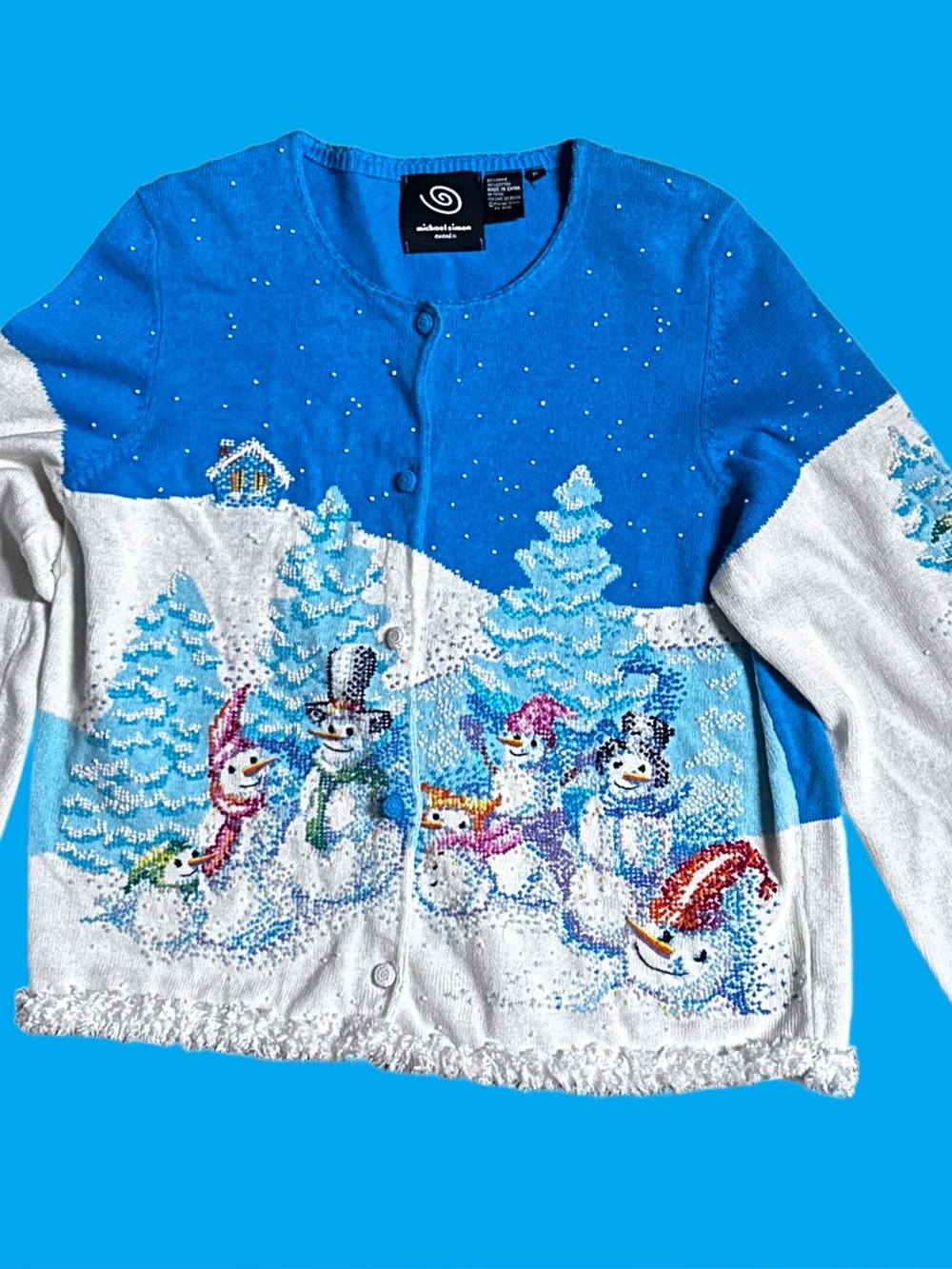 Michael Simon ~ X-Large ~Blue/White ~ Embroidery Beaded Snowmen Sweater Cardigan